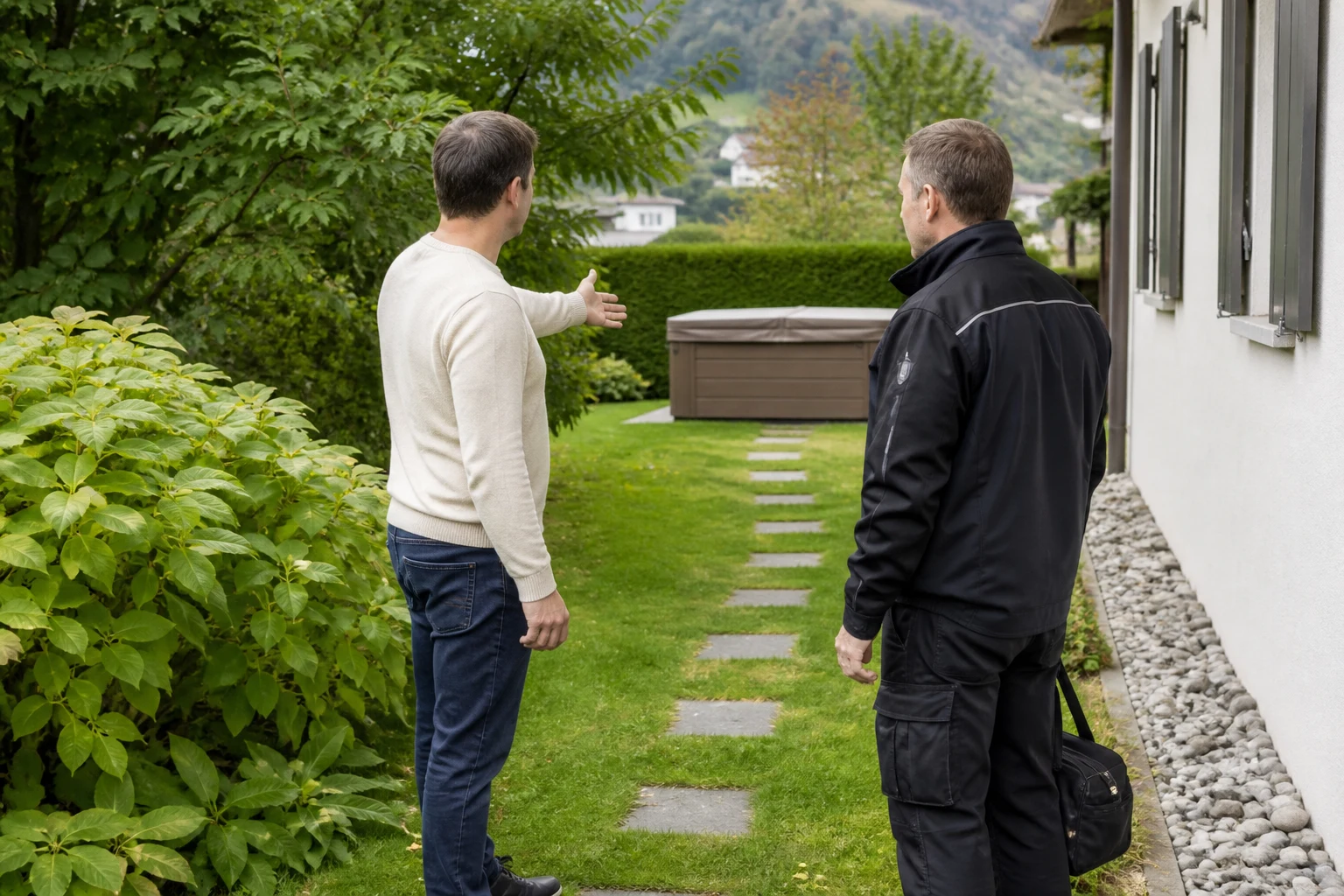 Un propriétaire montre le chemin d’accès dégagé vers un spa à un technicien, scène en Suisse romande