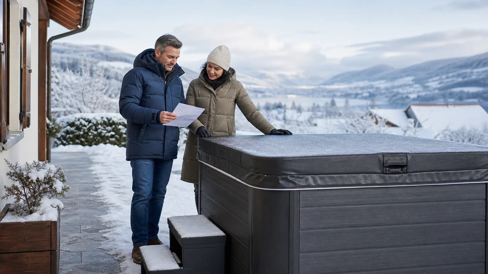 Deux personnes préparant l’hiver près d’un spa extérieur couvert dans un jardin suisse enneigé