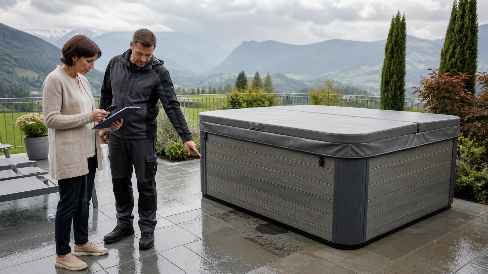 Propriétaire et professionnel observant un spa fermé sur une terrasse suisse avant un diagnostic de perte d’eau