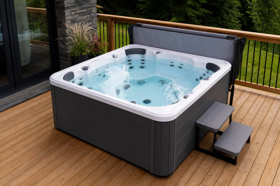 Exemple : spa neuf installé sur une terrasse